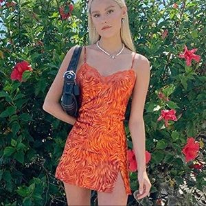 Women's Orange Mini Slip Dress with Lace Trim